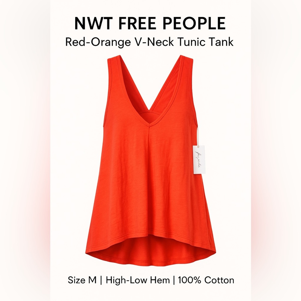 NWT Free People Red-Orange V-Neck Tunic Tank – Size M | High-Low Hem